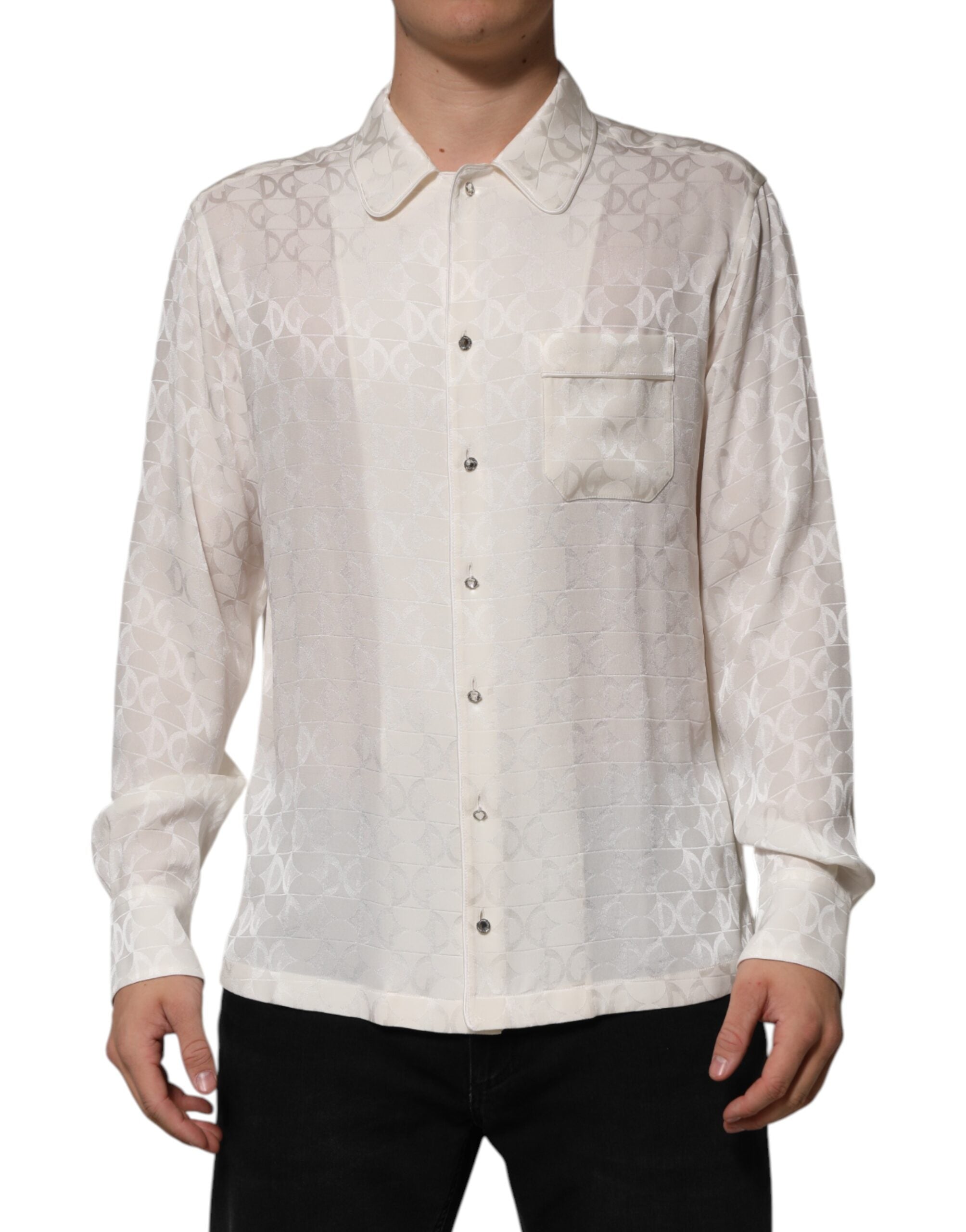 White Silk DG Logo Print Long Sleeves Shirt