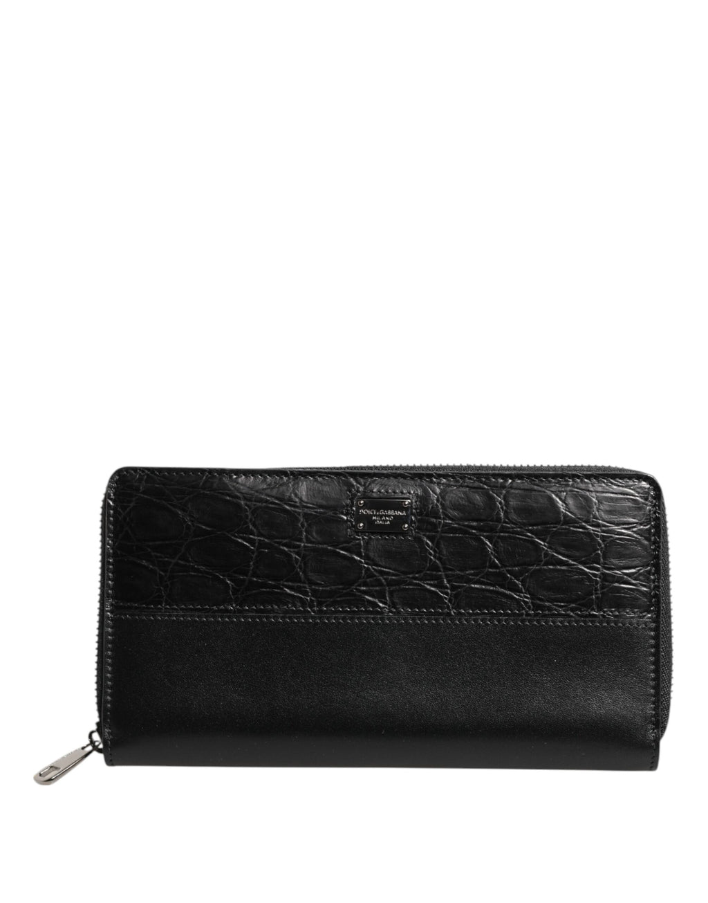 Black Leather Logo Plaque Zip Around Continental Wallet