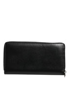 Black Leather Logo Plaque Zip Around Continental Wallet