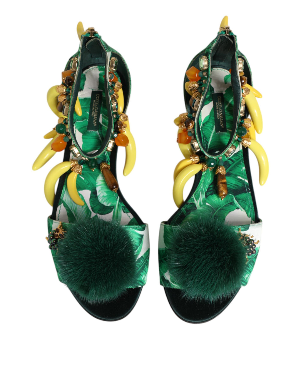 Green Mink Fur Satin Banana Leaf Sandals Shoes