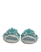 Silver Blue Leather Bead Embellish Slide Shoes