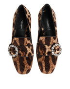 Brown Leopard Print Crystals Loafers Flats Shoes