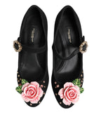 Black Flower Crystal Embellished Mary Jane Shoes