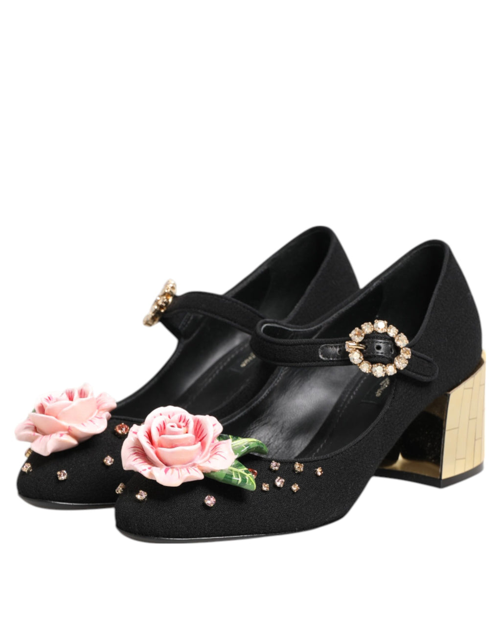 Black Flower Crystal Embellished Mary Jane Shoes