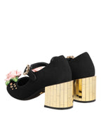 Black Flower Crystal Embellished Mary Jane Shoes