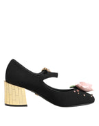 Black Flower Crystal Embellished Mary Jane Shoes