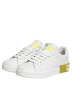 White Yellow Leather Low Top Sneakers Shoes