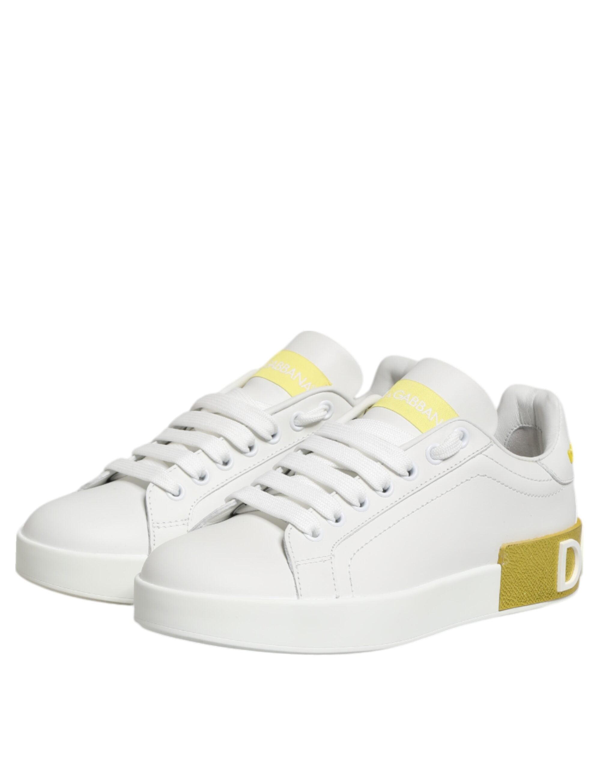 White Yellow Leather Low Top Sneakers Shoes