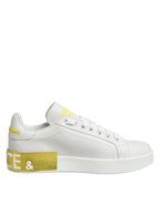 White Yellow Leather Low Top Sneakers Shoes