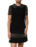 Black Crystal Embellished Collared Mini Dress