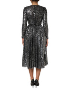 Black Sequined Long Sleeves Midi A-line  Dress