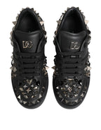 Black Leather Studded Low Top Sneakers Shoes