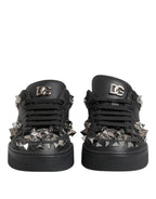 Black Leather Studded Low Top Sneakers Shoes