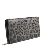Black Gray Leopard Leather Zip Around Continental Wallet