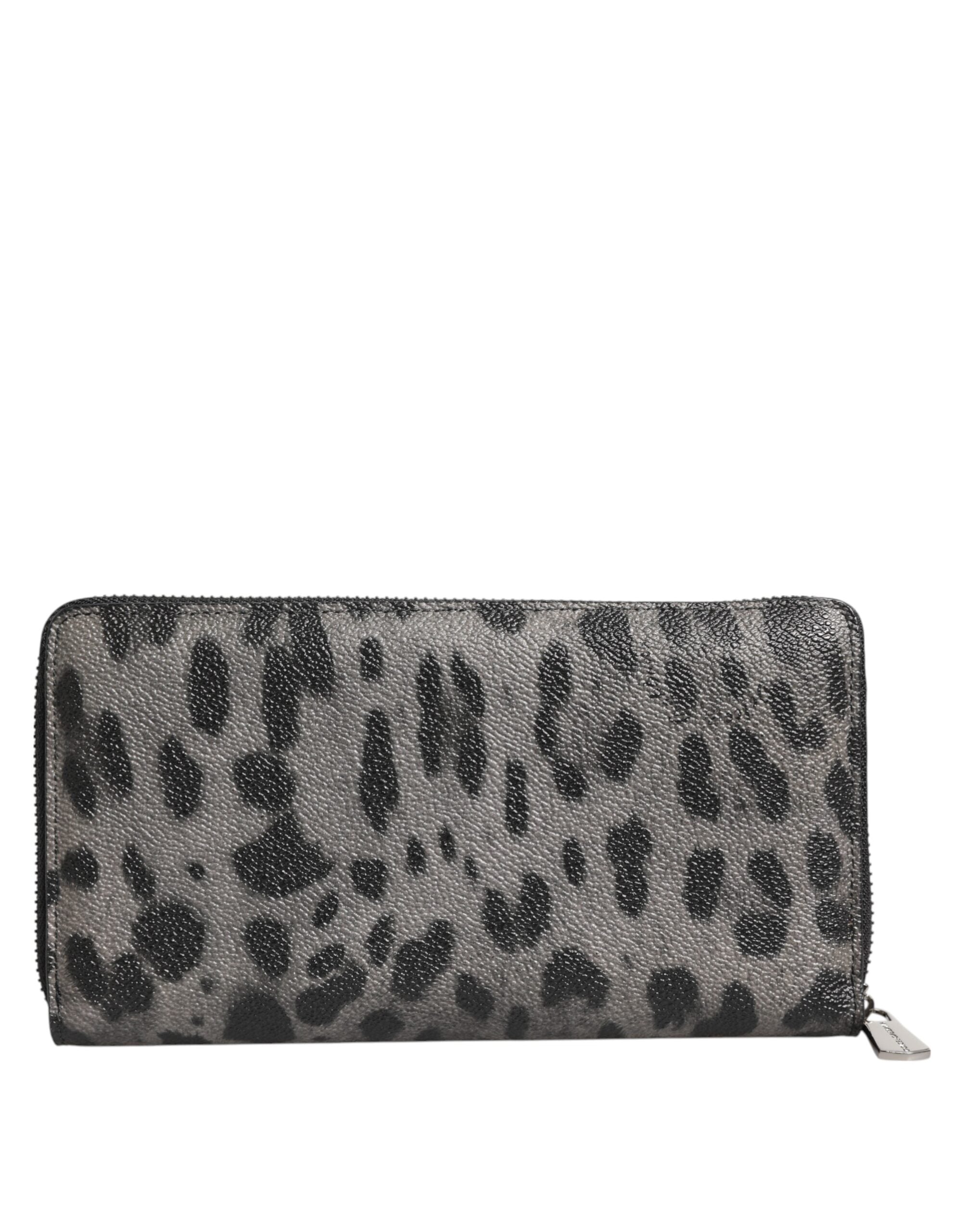 Black Gray Leopard Leather Zip Around Continental Wallet