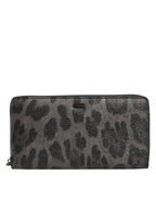 Black Gray Leopard Leather Zip Around Continental Wallet