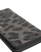 Black Gray Leopard Leather Zip Around Continental Wallet