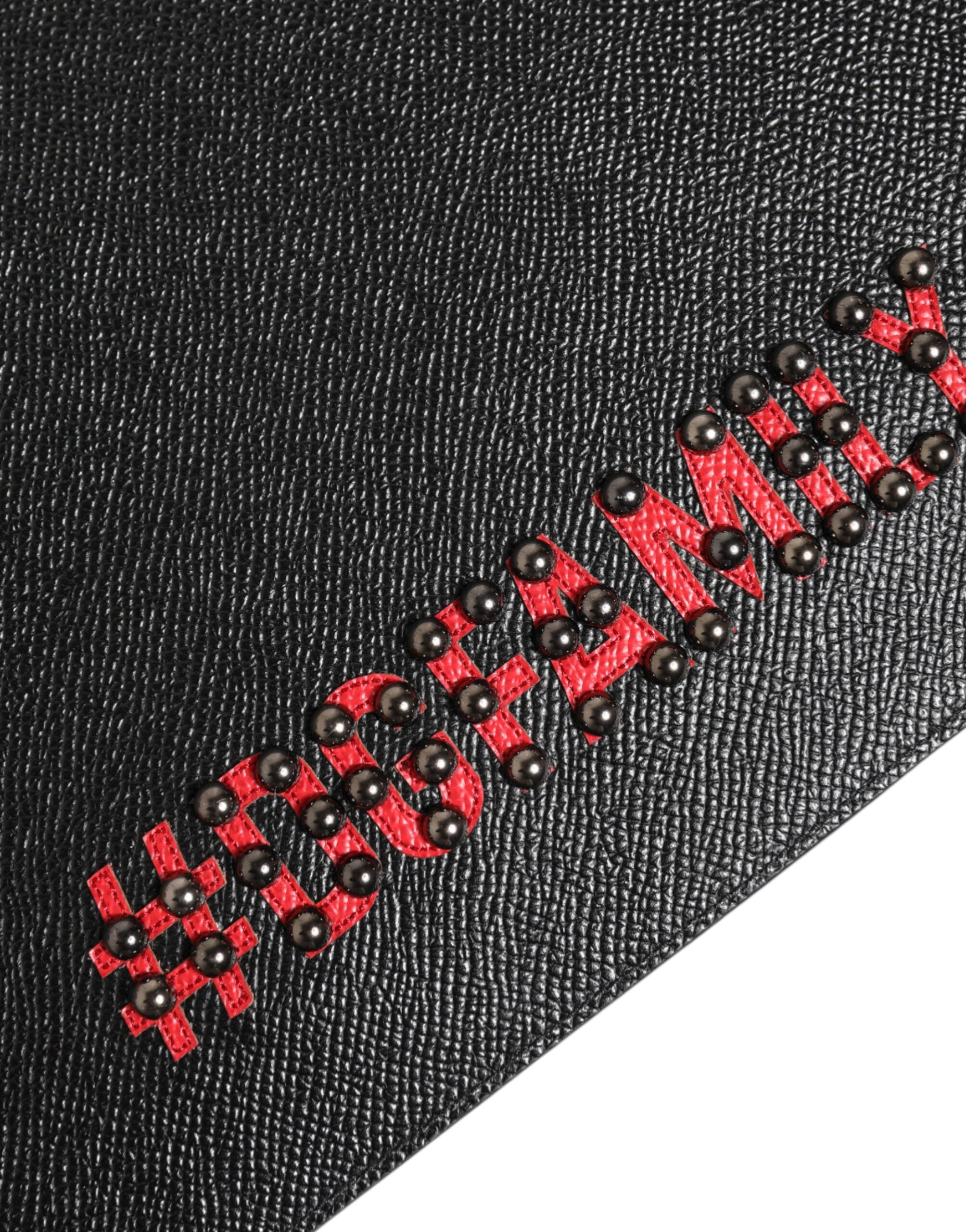 Black Leather #DGFAMILY Embellished Men Clutch Pouch Bag