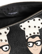 Black Leather #DGFAMILY Embellished Men Clutch Pouch Bag