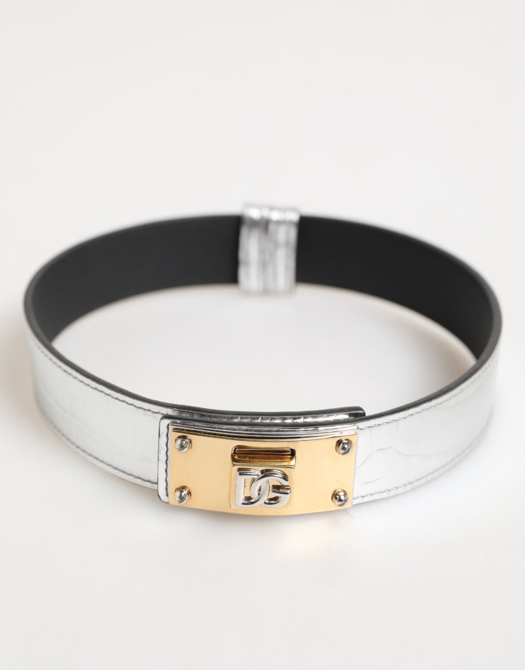 Silver Textured Leather Gold Tone Metal Neckband