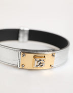 Silver Textured Leather Gold Tone Metal Neckband