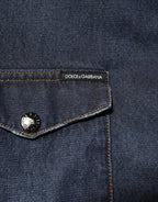 Blue Denim Button Casual Logo Patch Men Shirt