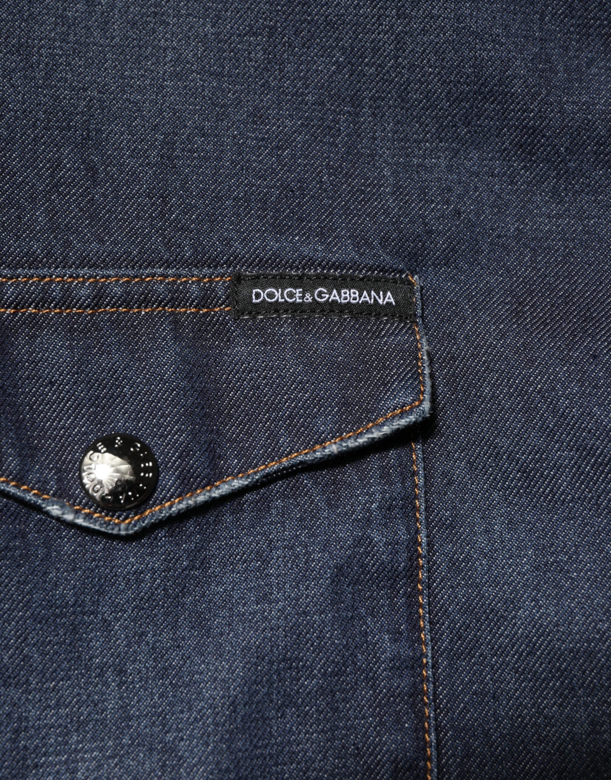 Blue Denim Button Casual Logo Patch Men Shirt
