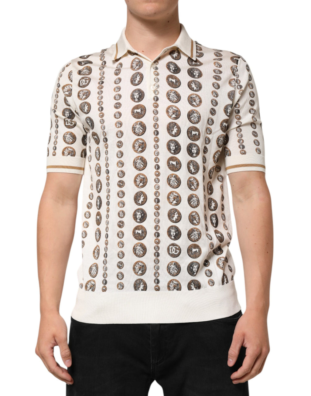 Silk Ivory Coin Print Logo Men Polo T-shirt