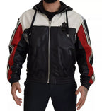 Black Leather Hooded Blouson Jacket