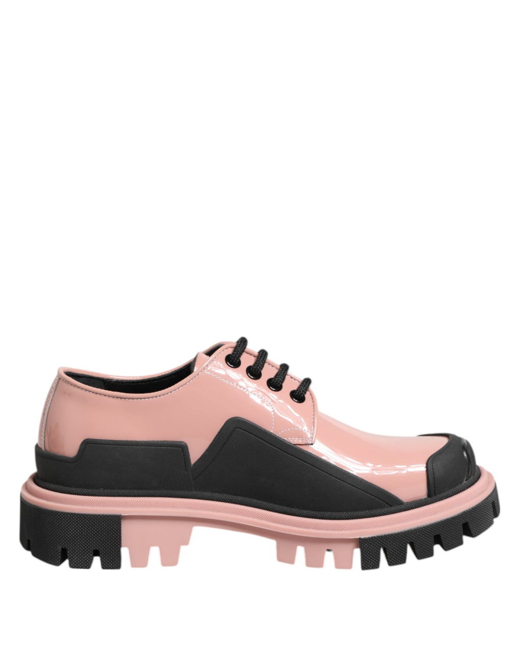Light Powder Pink Black Leather Lace-Up Shoes