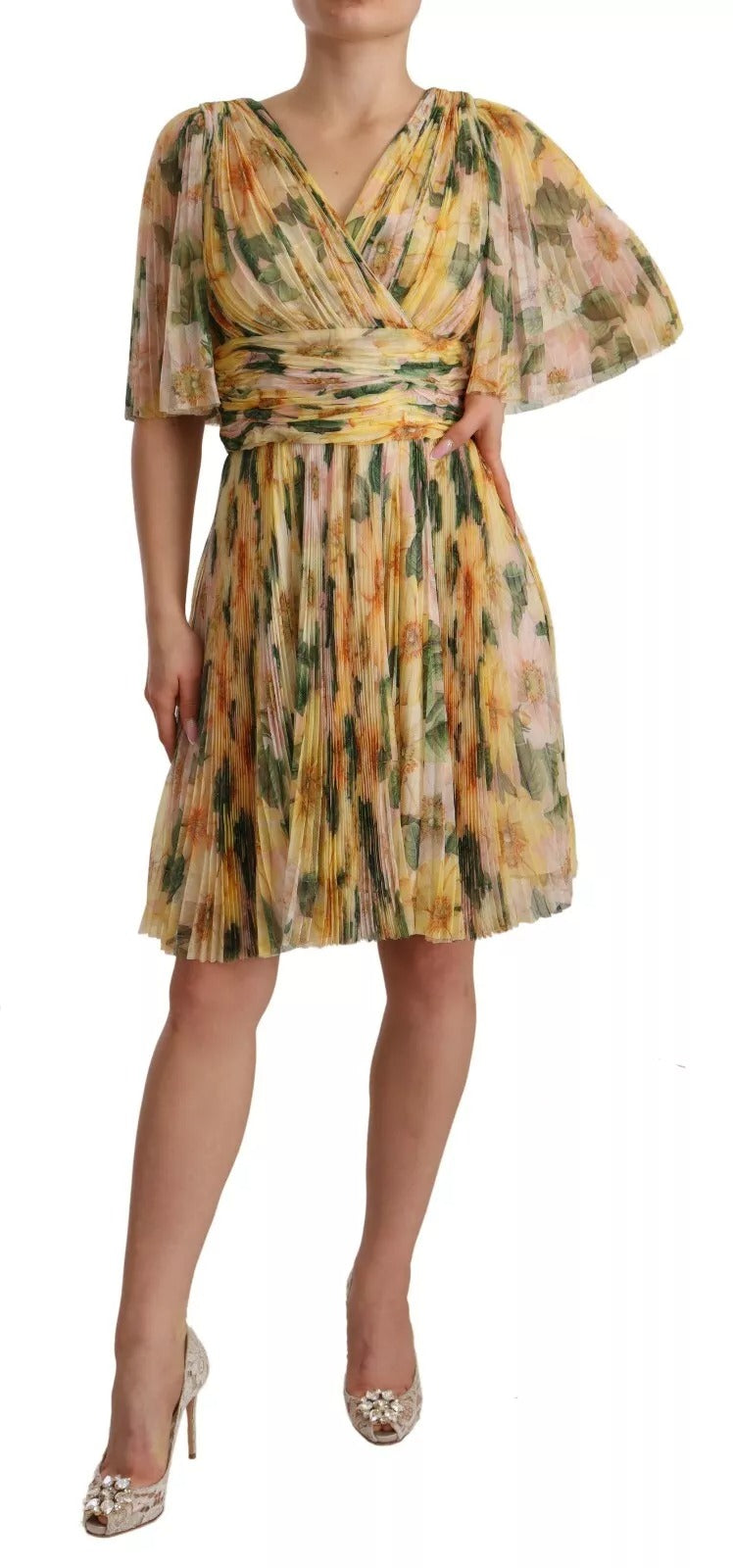 Yellow Floral Print Pleated Maxi Dress