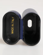 Blue Leather Logo Print Flip Holder Men Airpods Case