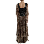 Leopard Print Silk Sequin Ruffle Maxi Dress