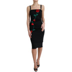 Black Wool Sleeveless Rose Applique Dress