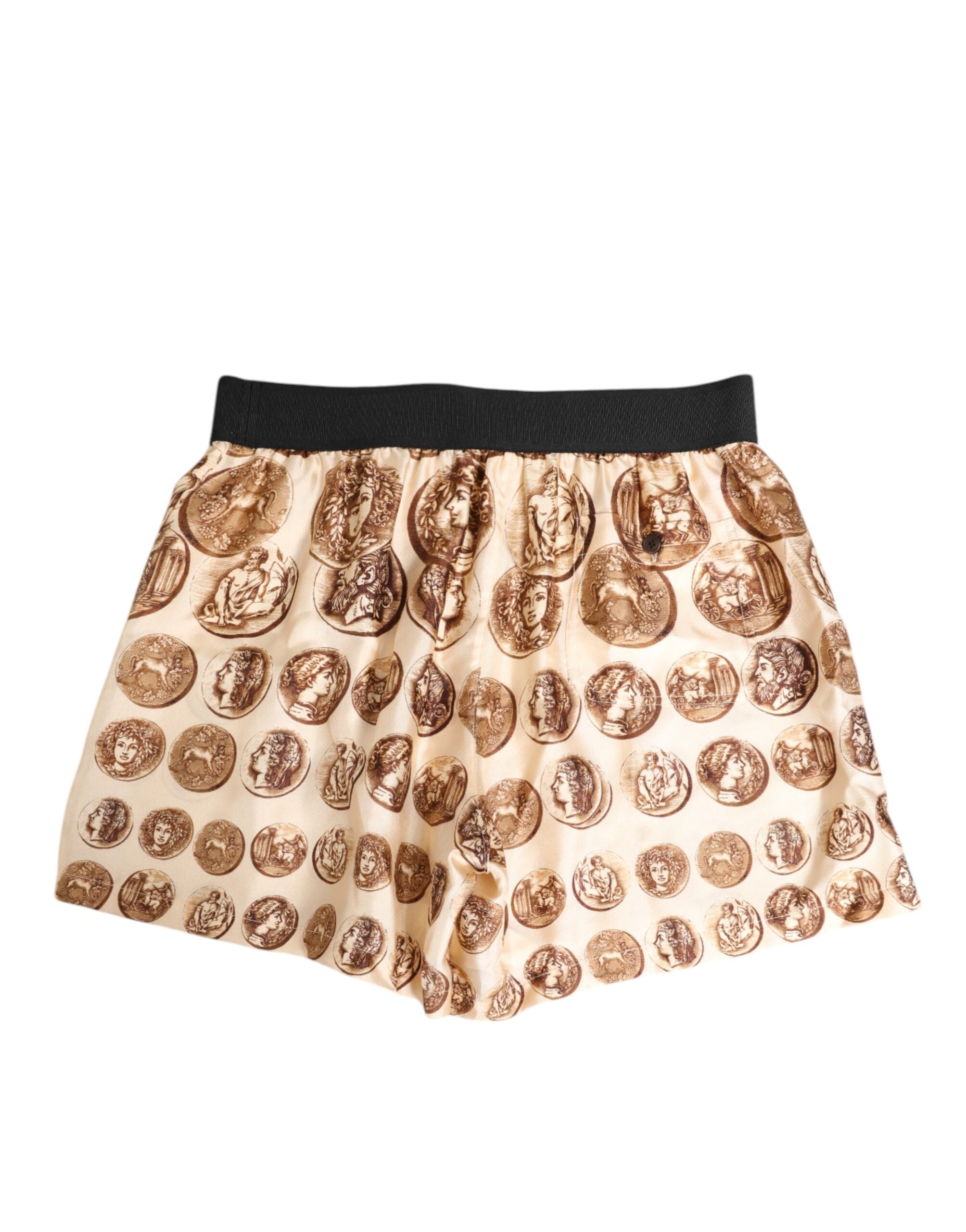 Brown Ancient Coin Print Silk Shorts Swimwear