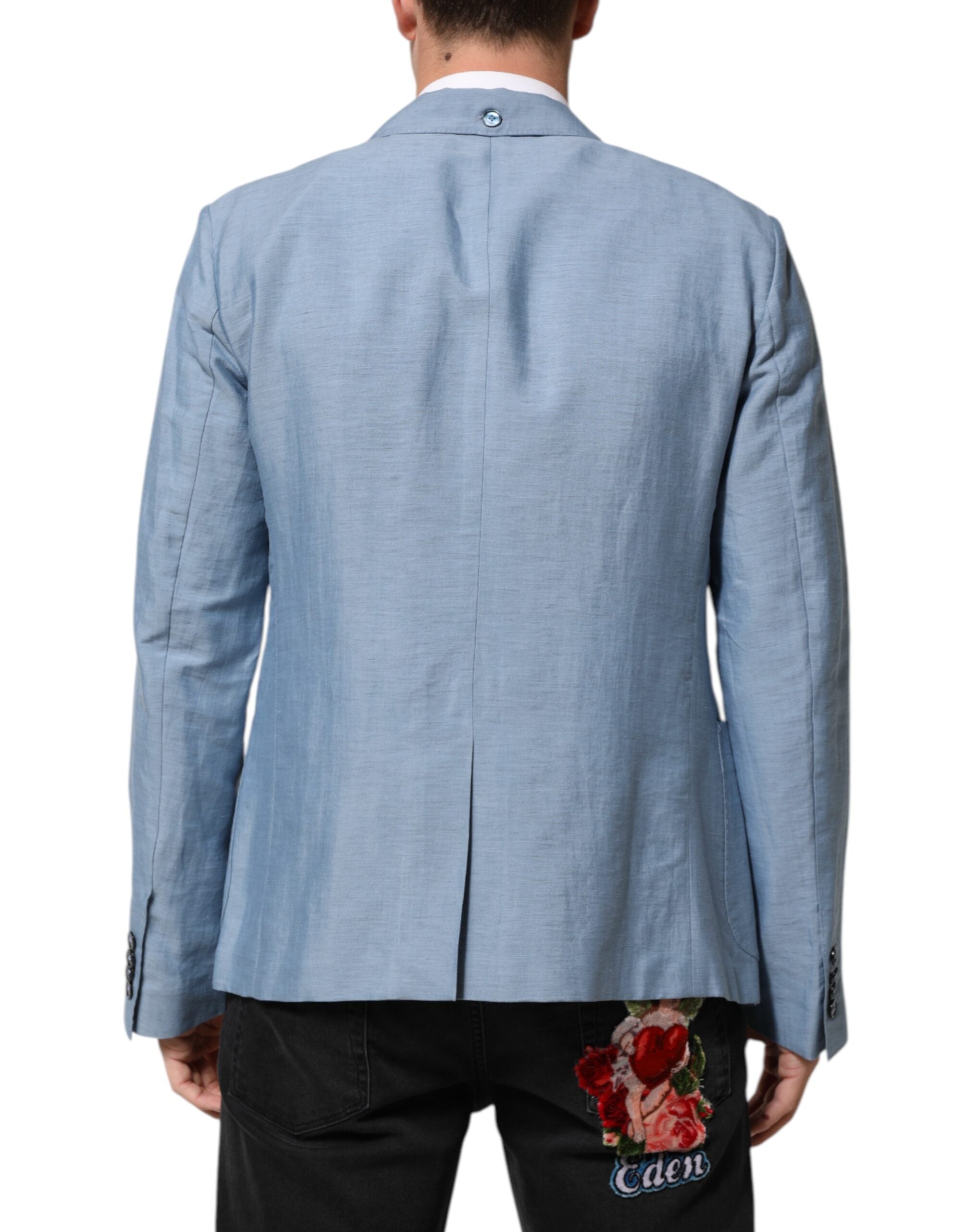Light Blue Linen Double Breasted Men Jacket Blazer