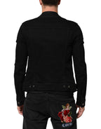 Black Cotton Denim Stretch Button Up Jacket