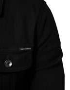 Black Cotton Denim Stretch Button Up Jacket