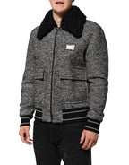 Gray Wool Herringbone Shearling Collar Bomber Jacket