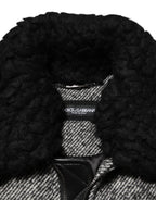 Gray Wool Herringbone Shearling Collar Bomber Jacket