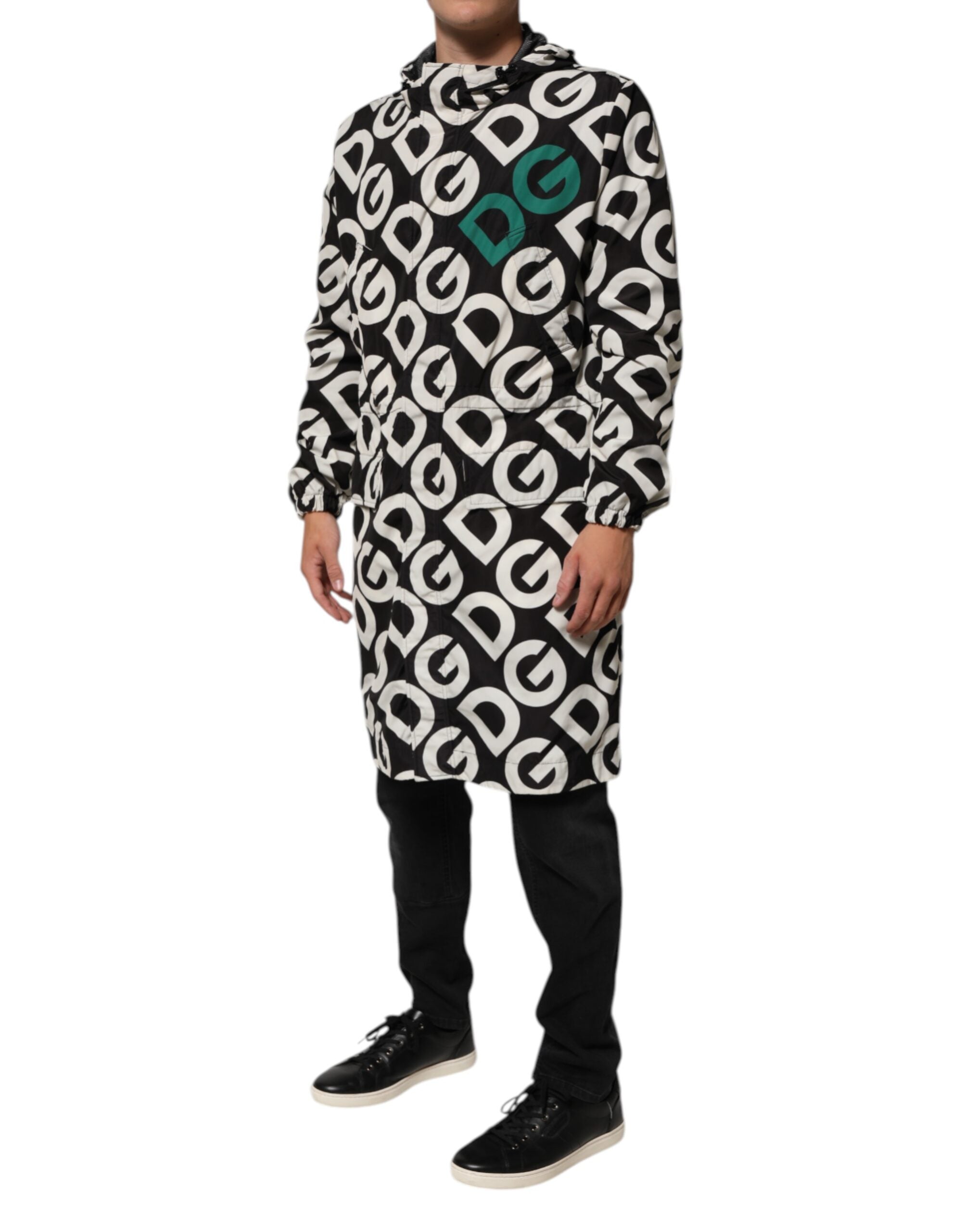 Black White Logo Print Hooded Coat Men Jacket