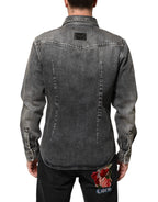 Black Washed Cotton Snap Long Sleeve Casual Shirt