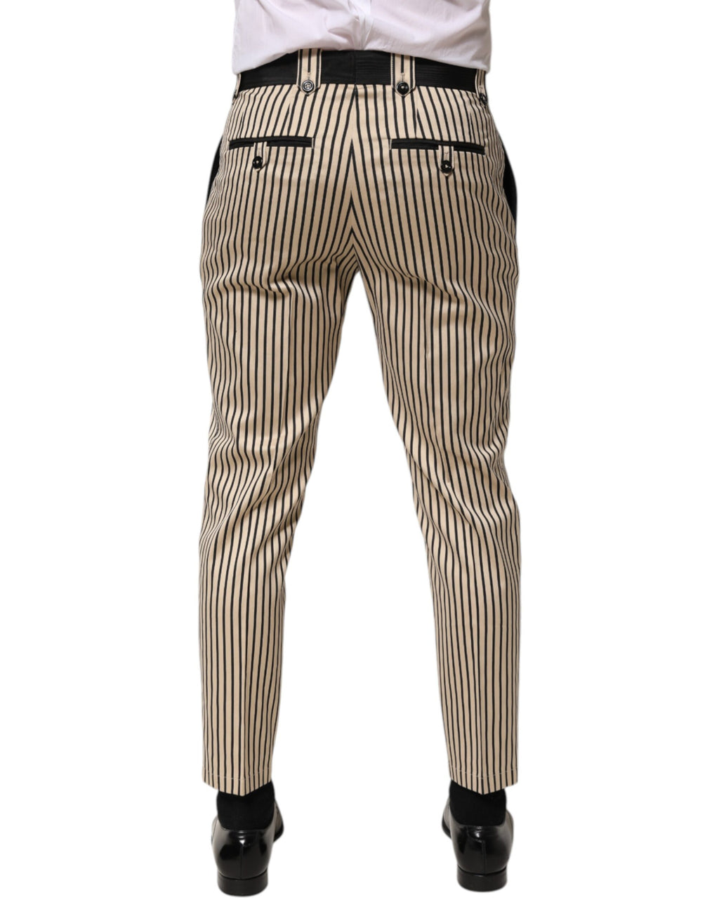 Beige Black Striped Cotton Slim Fit Trousers Pants