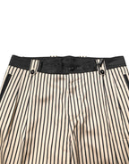 Beige Black Striped Cotton Slim Fit Trousers Pants