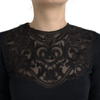 Black Silk Lace Trim Long Sleeves Blouse Top