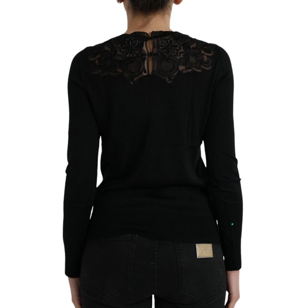 Black Silk Lace Trim Long Sleeves Blouse Top