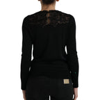 Black Silk Lace Trim Long Sleeves Blouse Top