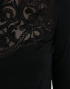 Black Silk Lace Trim Long Sleeves Blouse Top