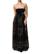 Black Floral Key Print Crystal Strapless Dress
