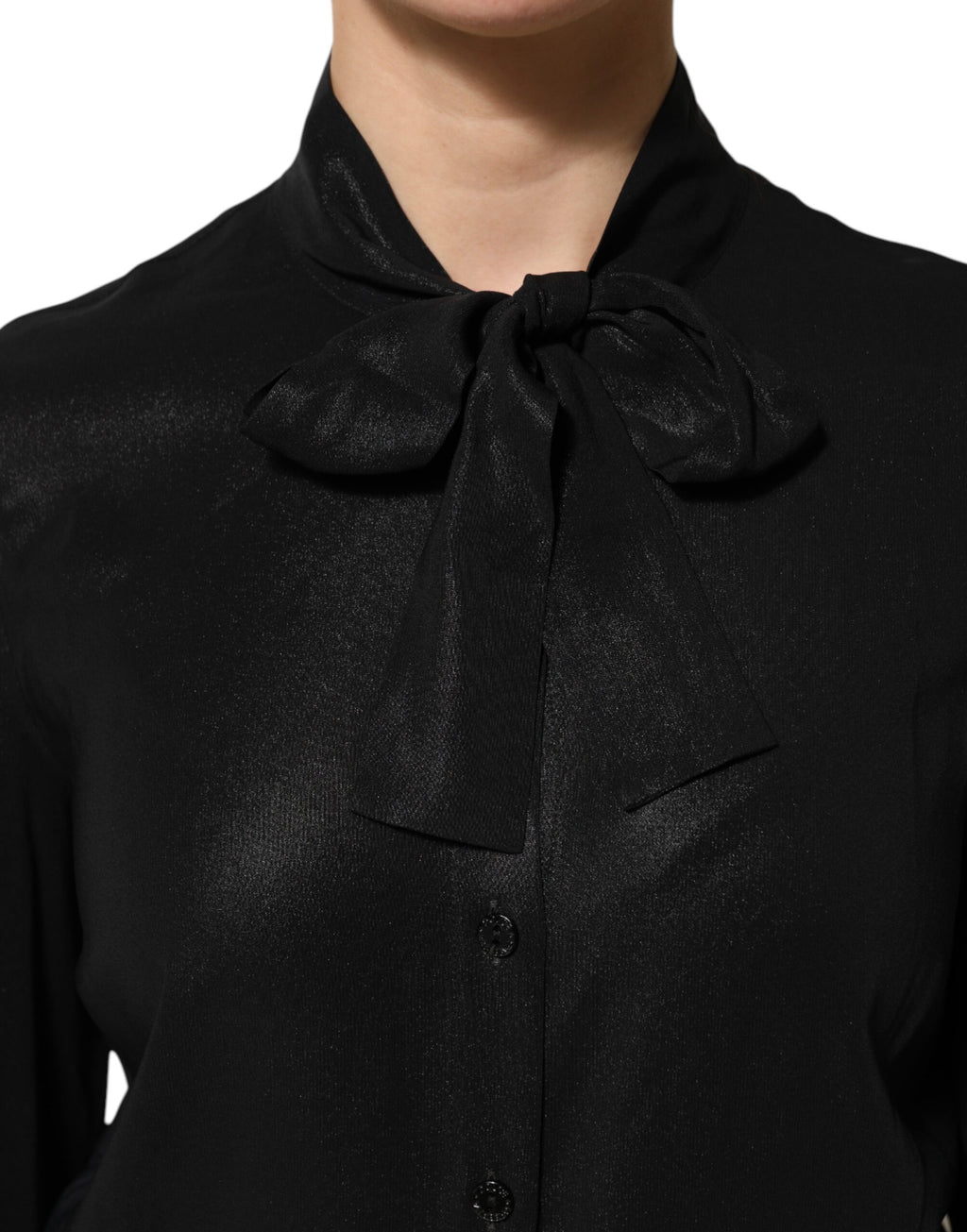 Black Viscose Long Sleeve Tie Neck Blouse Top